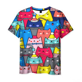 Мужская футболка 3D с принтом Котики , 100% полиэфир | прямой крой, круглый вырез горловины, длина до линии бедер | Тематика изображения на принте: кошки | паттерн | разноцветный | яркий