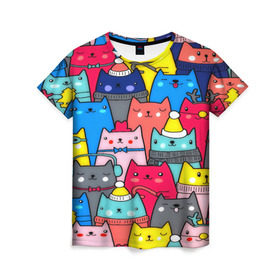 Женская футболка 3D с принтом Котики , 100% полиэфир ( синтетическое хлопкоподобное полотно) | прямой крой, круглый вырез горловины, длина до линии бедер | кошки | паттерн | разноцветный | яркий