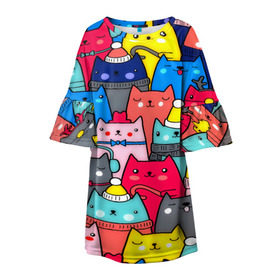 Детское платье 3D с принтом Котики , 100% полиэстер | прямой силуэт, чуть расширенный к низу. Круглая горловина, на рукавах — воланы | кошки | паттерн | разноцветный | яркий