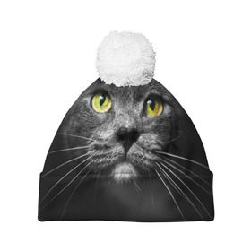 Шапка 3D c помпоном с принтом Кошачий взгляд , 100% полиэстер | универсальный размер, печать по всей поверхности изделия | взгляд | взор | глаза | киска | кот | котёнок | кошка | усы