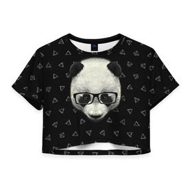 Женская футболка 3D укороченная с принтом Умная панда , 100% полиэстер | круглая горловина, длина футболки до линии талии, рукава с отворотами | animal | bear | beast | hipster | panda | smart | животное | зверь | медведь | очки | панда | свэг | умный | хипстер