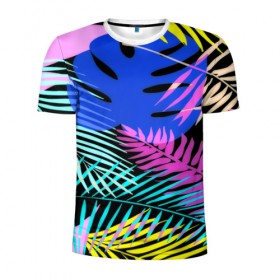 Мужская футболка 3D спортивная с принтом Тропические листья , 100% полиэстер с улучшенными характеристиками | приталенный силуэт, круглая горловина, широкие плечи, сужается к линии бедра | Тематика изображения на принте: паттерн | цветы | яркий