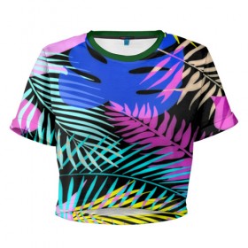 Женская футболка 3D укороченная с принтом Тропические листья , 100% полиэстер | круглая горловина, длина футболки до линии талии, рукава с отворотами | паттерн | цветы | яркий