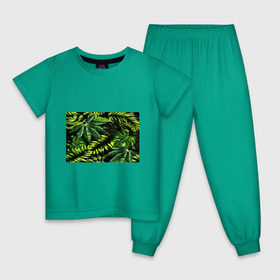Детская пижама хлопок с принтом Листья , 100% хлопок |  брюки и футболка прямого кроя, без карманов, на брюках мягкая резинка на поясе и по низу штанин
 | зеленый | листва | паттерн