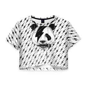 Женская футболка 3D укороченная с принтом Панда вокалист , 100% полиэстер | круглая горловина, длина футболки до линии талии, рукава с отворотами | animal | bear | beast | metal | music | nature | panda | rock | sound | vocal | вокал | животное | зверь | звук | медведь | меломан | метал | мишка | музыка | панда | природа | рок