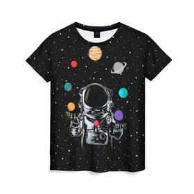 Женская футболка 3D с принтом Космический жонглер , 100% полиэфир ( синтетическое хлопкоподобное полотно) | прямой крой, круглый вырез горловины, длина до линии бедер | astronaut | cosmonaut | cosmos | galaxy | planet | space | star | universe | астронавт | вселенная | галактика | звезды | земля | космонавт | космос | луна | марс | планета | сатурн | уран