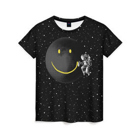 Женская футболка 3D с принтом Лунная улыбка , 100% полиэфир ( синтетическое хлопкоподобное полотно) | прямой крой, круглый вырез горловины, длина до линии бедер | astronaut | cosmonaut | cosmos | galaxy | meteor | moon | planet | smile | space | universe | астронавт | вселенная | галактика | звезды | космонавт | космос | луна | смайл | улыбка