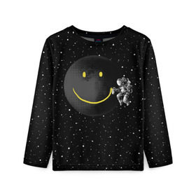 Детский лонгслив 3D с принтом Лунная улыбка , 100% полиэстер | длинные рукава, круглый вырез горловины, полуприлегающий силуэт
 | astronaut | cosmonaut | cosmos | galaxy | meteor | moon | planet | smile | space | universe | астронавт | вселенная | галактика | звезды | космонавт | космос | луна | смайл | улыбка