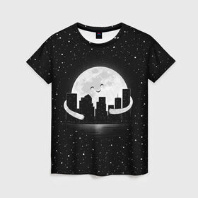 Женская футболка 3D с принтом Лунные объятия , 100% полиэфир ( синтетическое хлопкоподобное полотно) | прямой крой, круглый вырез горловины, длина до линии бедер | astronaut | city | cosmonaut | cosmos | galaxy | moon | planet | smile | space | universe | астронавт | вселенная | галактика | город | звезды | космонавт | космос | луна | смайл | улыбка