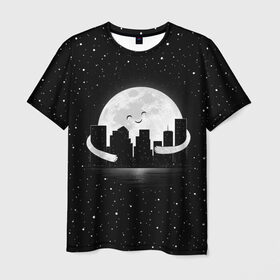 Мужская футболка 3D с принтом Лунные объятия , 100% полиэфир | прямой крой, круглый вырез горловины, длина до линии бедер | astronaut | city | cosmonaut | cosmos | galaxy | moon | planet | smile | space | universe | астронавт | вселенная | галактика | город | звезды | космонавт | космос | луна | смайл | улыбка