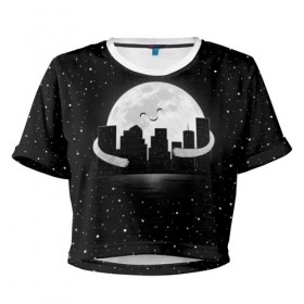 Женская футболка 3D укороченная с принтом Лунные объятия , 100% полиэстер | круглая горловина, длина футболки до линии талии, рукава с отворотами | astronaut | city | cosmonaut | cosmos | galaxy | moon | planet | smile | space | universe | астронавт | вселенная | галактика | город | звезды | космонавт | космос | луна | смайл | улыбка
