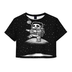 Женская футболка 3D укороченная с принтом Панда лунатик , 100% полиэстер | круглая горловина, длина футболки до линии талии, рукава с отворотами | astronaut | cosmonaut | cosmos | galaxy | gravity | moon | planet | space | star | universe | астронавт | вселенная | галактика | звезды | космонавт | космос | луна | лунатик