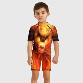 Детский купальный костюм 3D с принтом Fire Wolf , Полиэстер 85%, Спандекс 15% | застежка на молнии на спине | league of legends | lol | warwick | wolf | варвик | волк | лига легенд | лол
