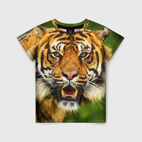 Детская футболка 3D с принтом Тигр , 100% гипоаллергенный полиэфир | прямой крой, круглый вырез горловины, длина до линии бедер, чуть спущенное плечо, ткань немного тянется | дикая кошка | животное | клыки | лев | тигр. tiger | хищник