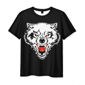 Мужская футболка 3D с принтом Волк , 100% полиэфир | прямой крой, круглый вырез горловины, длина до линии бедер | animal | background | black | eyes | fangs | head | predator | red | teeth | white | wolf | белый | волк | глаза | голова | животное | зверь | клыки | красные | оскал | фон | хищник | черный