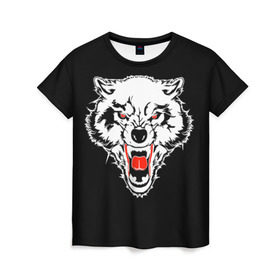 Женская футболка 3D с принтом Волк , 100% полиэфир ( синтетическое хлопкоподобное полотно) | прямой крой, круглый вырез горловины, длина до линии бедер | animal | background | black | eyes | fangs | head | predator | red | teeth | white | wolf | белый | волк | глаза | голова | животное | зверь | клыки | красные | оскал | фон | хищник | черный