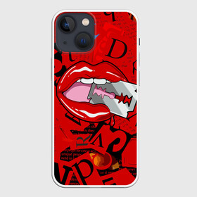 Чехол для iPhone 13 mini с принтом Поп арт, опасная бритва ,  |  | blade | blood | dangerous | drop | letters | lips | pop   art | razor | бритва | буквы | губы | капля | кровь | лезвие | опасная | поп арт