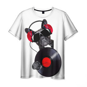 Мужская футболка 3D с принтом DJ бульдог , 100% полиэфир | прямой крой, круглый вырез горловины, длина до линии бедер | бульдог | винил | диджей | музыка | наушники | очки | пёс | пластинка | собака | юмор