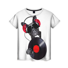 Женская футболка 3D с принтом DJ бульдог , 100% полиэфир ( синтетическое хлопкоподобное полотно) | прямой крой, круглый вырез горловины, длина до линии бедер | бульдог | винил | диджей | музыка | наушники | очки | пёс | пластинка | собака | юмор