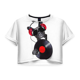 Женская футболка 3D укороченная с принтом DJ бульдог , 100% полиэстер | круглая горловина, длина футболки до линии талии, рукава с отворотами | бульдог | винил | диджей | музыка | наушники | очки | пёс | пластинка | собака | юмор