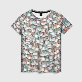 Женская футболка 3D с принтом Российские деньги , 100% полиэфир ( синтетическое хлопкоподобное полотно) | прямой крой, круглый вырез горловины, длина до линии бедер | бабки | бабло | банк | банкнота | богатство | бумажный | купюры | куча | рубль