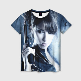 Женская футболка 3D с принтом Девушка с оружием , 100% полиэфир ( синтетическое хлопкоподобное полотно) | прямой крой, круглый вырез горловины, длина до линии бедер | брюнетка | девушка | оружие | пистолет