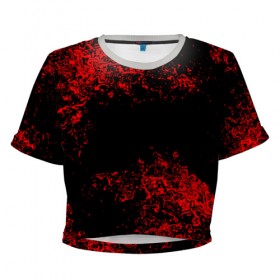 Женская футболка 3D укороченная с принтом Капли красок , 100% полиэстер | круглая горловина, длина футболки до линии талии, рукава с отворотами | брызки | красный | черный