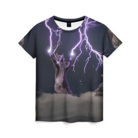 Женская футболка 3D с принтом Грозовой кошак , 100% полиэфир ( синтетическое хлопкоподобное полотно) | прямой крой, круглый вырез горловины, длина до линии бедер | Тематика изображения на принте: lightning cat
