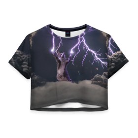 Женская футболка 3D укороченная с принтом Грозовой кошак , 100% полиэстер | круглая горловина, длина футболки до линии талии, рукава с отворотами | lightning cat