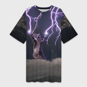 Платье-футболка 3D с принтом Грозовой кошак ,  |  | lightning cat
