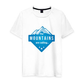 Мужская футболка хлопок с принтом Горы зовут , 100% хлопок | прямой крой, круглый вырез горловины, длина до линии бедер, слегка спущенное плечо. | Тематика изображения на принте: альпинизм | горы | лыжи | сноуборд