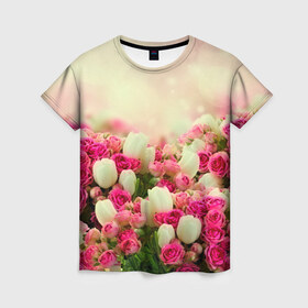 Женская футболка 3D с принтом Цветы , 100% полиэфир ( синтетическое хлопкоподобное полотно) | прямой крой, круглый вырез горловины, длина до линии бедер | розовый | розы | цветы | яркий