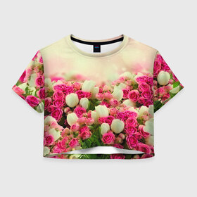 Женская футболка 3D укороченная с принтом Цветы , 100% полиэстер | круглая горловина, длина футболки до линии талии, рукава с отворотами | розовый | розы | цветы | яркий