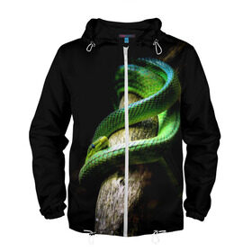 Мужская ветровка 3D с принтом Змея на груди , 100% полиэстер | подол и капюшон оформлены резинкой с фиксаторами, два кармана без застежек по бокам, один потайной карман на груди | гадюка | дерево | джунгли | зелёный змей | змея | кобра | природа | удав