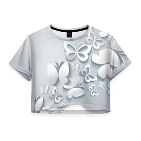 Женская футболка 3D укороченная с принтом Белоснежные бабочки , 100% полиэстер | круглая горловина, длина футболки до линии талии, рукава с отворотами | бабочка | девушка | кружево. красота | нежность | полёт