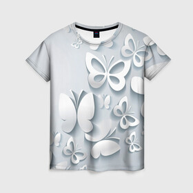 Женская футболка 3D с принтом Белоснежные бабочки , 100% полиэфир ( синтетическое хлопкоподобное полотно) | прямой крой, круглый вырез горловины, длина до линии бедер | бабочка | девушка | кружево. красота | нежность | полёт