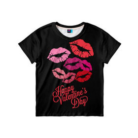 Детская футболка 3D с принтом Happy Valentine`s Day , 100% гипоаллергенный полиэфир | прямой крой, круглый вырез горловины, длина до линии бедер, чуть спущенное плечо, ткань немного тянется | Тематика изображения на принте: 14 | february | happy valentines day | holiday | kisses | lips | love | губы | любовь | поцелуи | праздник | счастливый день святого валентина | февраль