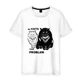 Мужская футболка хлопок с принтом Мои коты - твоя проблема , 100% хлопок | прямой крой, круглый вырез горловины, длина до линии бедер, слегка спущенное плечо. | Тематика изображения на принте: band | crew | hip hop | банда | кот | котики | кошки | рэп | хип хоп