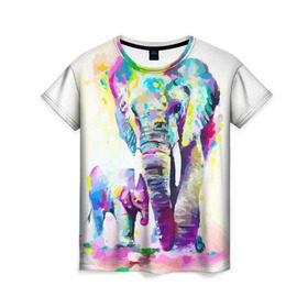 Женская футболка 3D с принтом Слоны , 100% полиэфир ( синтетическое хлопкоподобное полотно) | прямой крой, круглый вырез горловины, длина до линии бедер | animal | art | bright | child | color | elephants | family | mother | rainbow | spectrum | животные | искусство | мама | радуга | ребенок | семья | слоны | спектр | цвета | яркие