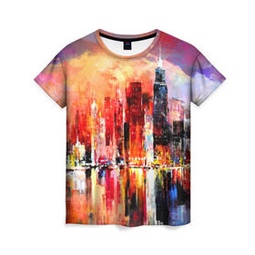 Женская футболка 3D с принтом Ночной город , 100% полиэфир ( синтетическое хлопкоподобное полотно) | прямой крой, круглый вырез горловины, длина до линии бедер | art | bright | buildings | city | color | night | painting | red | reflection | river | sunset | water | вода | город | закат | здания | искусство | картина | красный | ночь | отражение | река | цвета | яркие