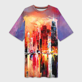 Платье-футболка 3D с принтом Ночной город ,  |  | art | bright | buildings | city | color | night | painting | red | reflection | river | sunset | water | вода | город | закат | здания | искусство | картина | красный | ночь | отражение | река | цвета | яркие