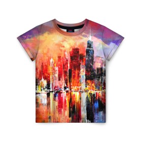 Детская футболка 3D с принтом Ночной город , 100% гипоаллергенный полиэфир | прямой крой, круглый вырез горловины, длина до линии бедер, чуть спущенное плечо, ткань немного тянется | art | bright | buildings | city | color | night | painting | red | reflection | river | sunset | water | вода | город | закат | здания | искусство | картина | красный | ночь | отражение | река | цвета | яркие