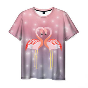 Мужская футболка 3D с принтом Влюбленные фламинго , 100% полиэфир | прямой крой, круглый вырез горловины, длина до линии бедер | 14 февраля | день всех влюбленных | любовь | птицы | фламинго
