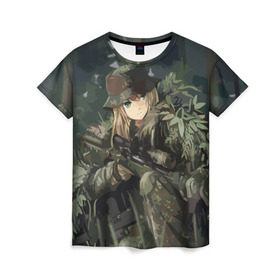 Женская футболка 3D с принтом Девушка с оружием , 100% полиэфир ( синтетическое хлопкоподобное полотно) | прямой крой, круглый вырез горловины, длина до линии бедер | anime | eyes | forest camouflage | girl | green | guns | japanese | rifle | sniper | аниме | винтовка | глаза | девушка | зеленые | камуфляж | лес | оружие | снайпер | японская