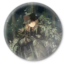 Значок с принтом Девушка с оружием ,  металл | круглая форма, металлическая застежка в виде булавки | Тематика изображения на принте: anime | eyes | forest camouflage | girl | green | guns | japanese | rifle | sniper | аниме | винтовка | глаза | девушка | зеленые | камуфляж | лес | оружие | снайпер | японская