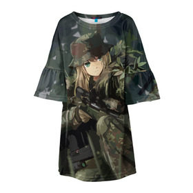 Детское платье 3D с принтом Девушка с оружием , 100% полиэстер | прямой силуэт, чуть расширенный к низу. Круглая горловина, на рукавах — воланы | anime | eyes | forest camouflage | girl | green | guns | japanese | rifle | sniper | аниме | винтовка | глаза | девушка | зеленые | камуфляж | лес | оружие | снайпер | японская