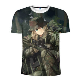 Мужская футболка 3D спортивная с принтом Девушка с оружием , 100% полиэстер с улучшенными характеристиками | приталенный силуэт, круглая горловина, широкие плечи, сужается к линии бедра | anime | eyes | forest camouflage | girl | green | guns | japanese | rifle | sniper | аниме | винтовка | глаза | девушка | зеленые | камуфляж | лес | оружие | снайпер | японская