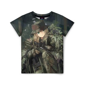 Детская футболка 3D с принтом Девушка с оружием , 100% гипоаллергенный полиэфир | прямой крой, круглый вырез горловины, длина до линии бедер, чуть спущенное плечо, ткань немного тянется | anime | eyes | forest camouflage | girl | green | guns | japanese | rifle | sniper | аниме | винтовка | глаза | девушка | зеленые | камуфляж | лес | оружие | снайпер | японская