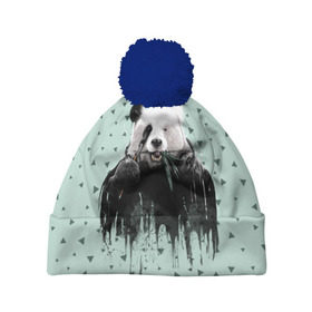 Шапка 3D c помпоном с принтом Панда-художник , 100% полиэстер | универсальный размер, печать по всей поверхности изделия | animal | art | artist | bear | beast | design | panda | style | арт | дизайн | животное | зверь | кисть | краски | медведь | панда | стиль | художник