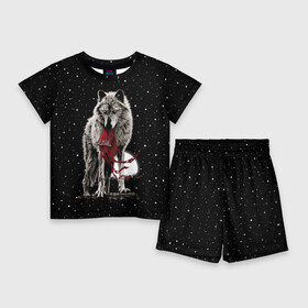 Детский костюм с шортами 3D с принтом Серый волк ,  |  | Тематика изображения на принте: angry | animal | beast | heaven | moon | night | rage | sky | star | wild | wolf | волк | дикий | животное | звезды | зверь | злость | красная шапочка | луна | небеса | небо | ночь | сказка | ярость